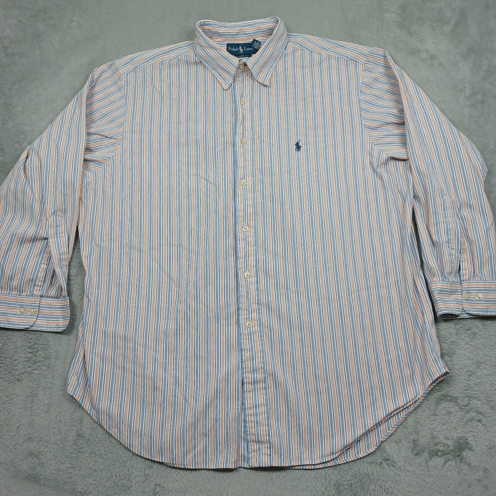 Ralph Lauren Shirt Men 17.5‎ Blue Striped Classic Fit Button Down Preppy Scholar